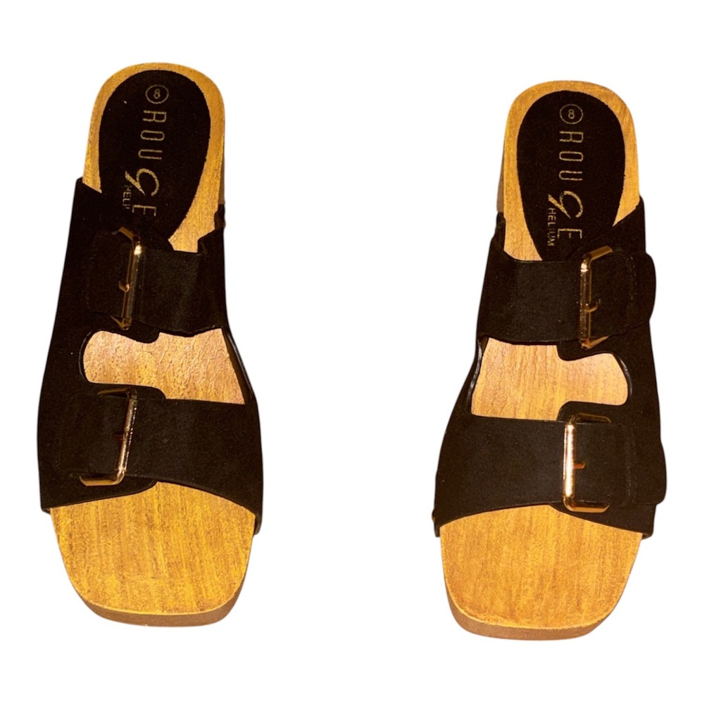 Rouge Helium Black Suede Double Buckle Platform Clog Slide Sandals Womens 8